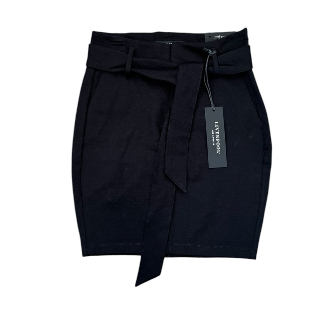 Liverpool Mini Skirt Size 0/24P Black Stretch Ponte Belted.